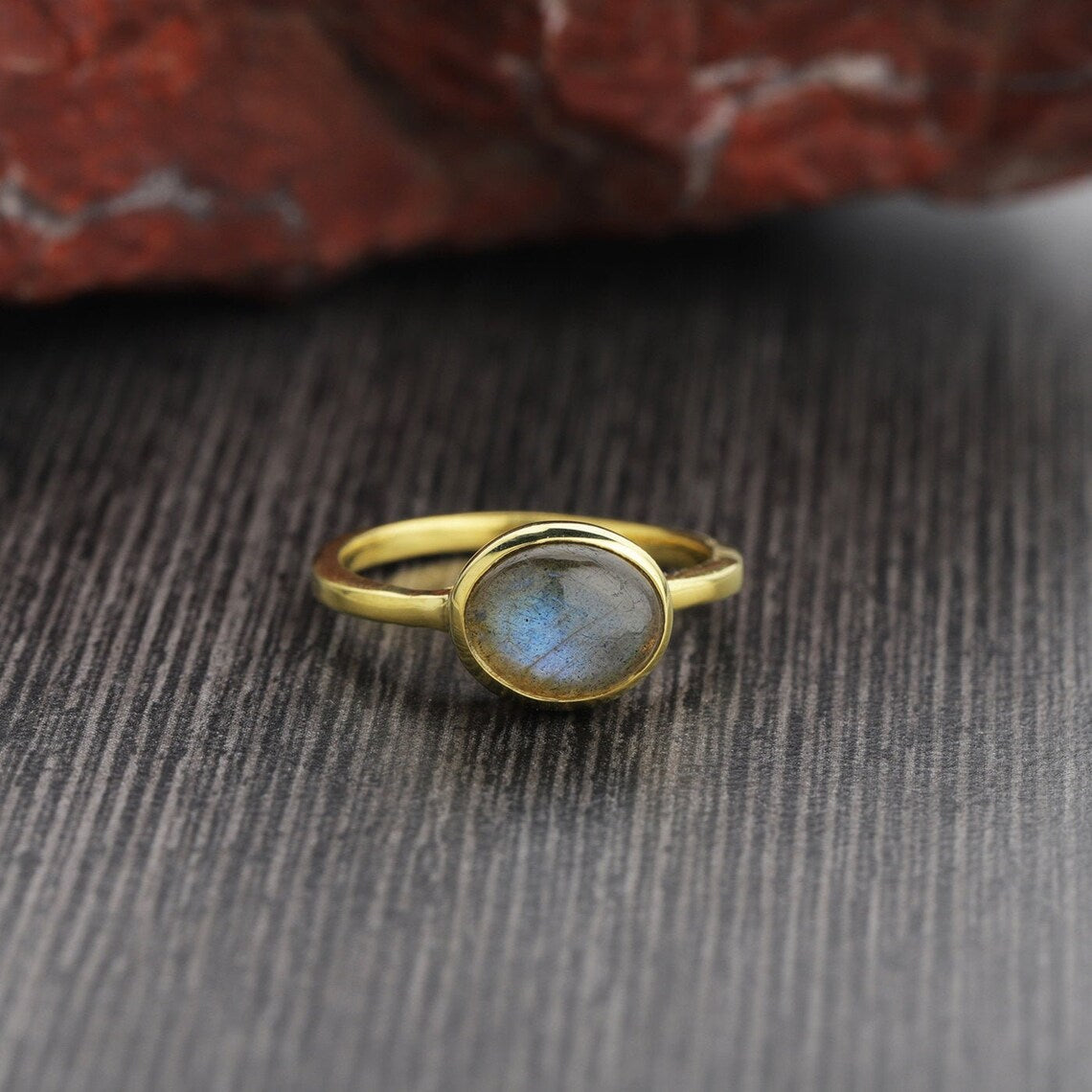 Labradorite Oval Ring, Blue Labradorite Gemstone Ring - Stacking Ring- Delicate Ring - Labradorite Gold Ring