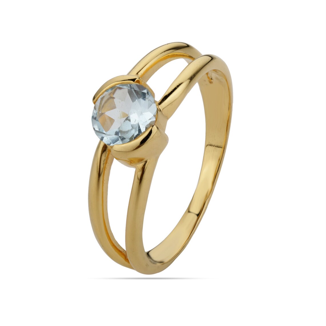 Gold Blue Topaz Round Ring- Natural Blue Topaz Gemstone Ring -Round Faceted Cut Blue Topaz Ring