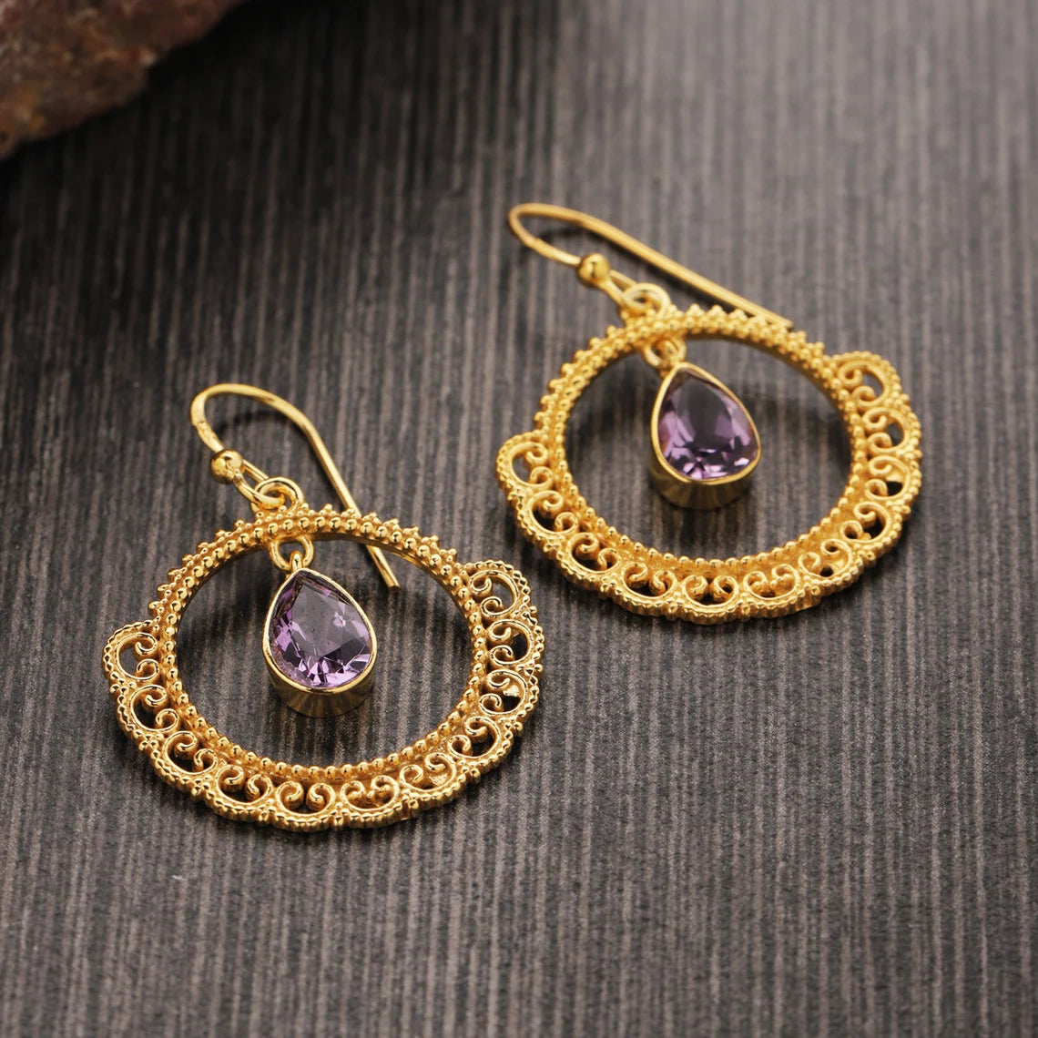 925 Silver Earrings with Gold Plated - Amethyst Earrings, February Birthstone, Purple Teardrop Designers Earrings, Amethyst Jewelry, Violet Statement Drops, Gift for women