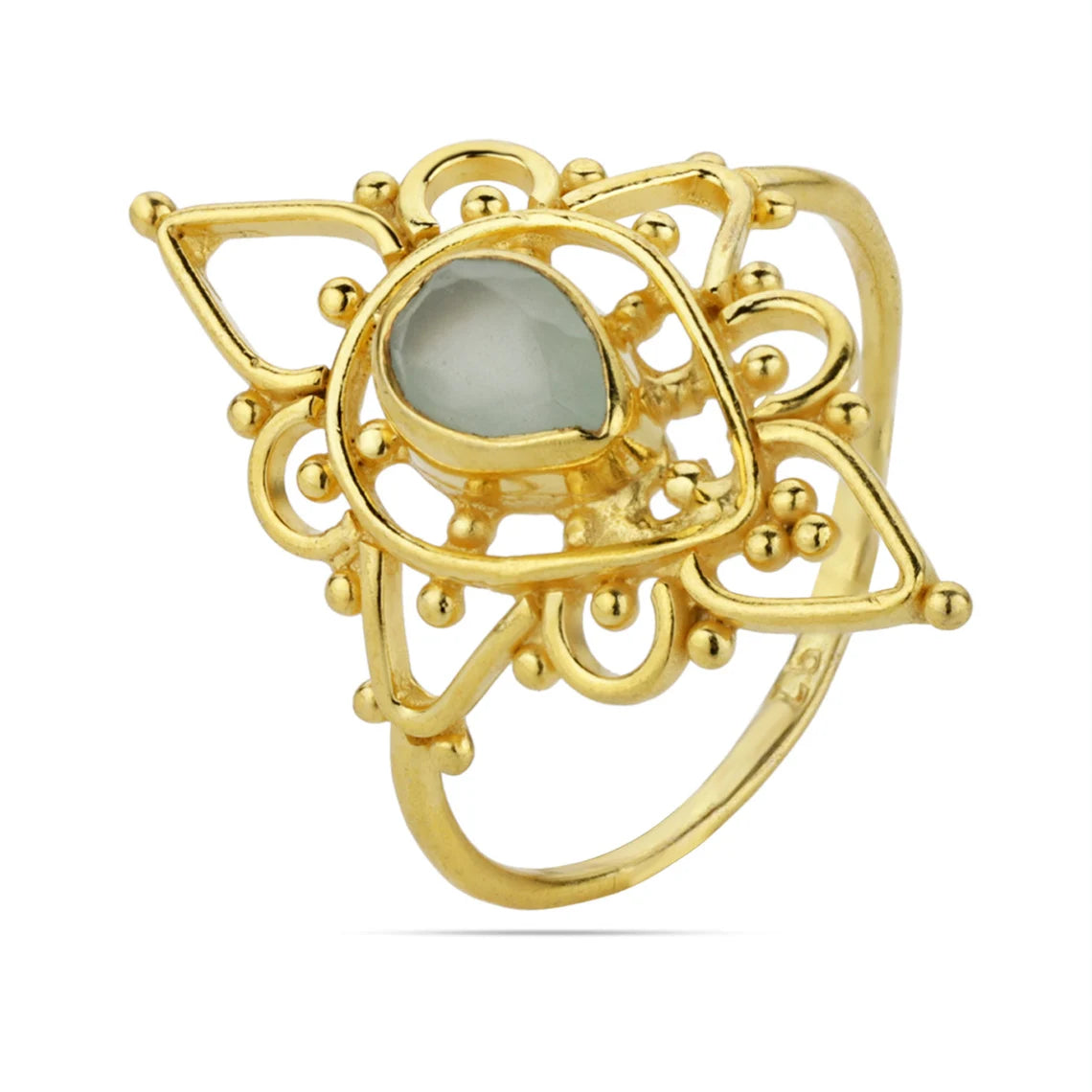 Aqua Onyx Ring - 925 Sterling Silver with Gold Plating, Handmade, Stackable, Designer, Pear Ring