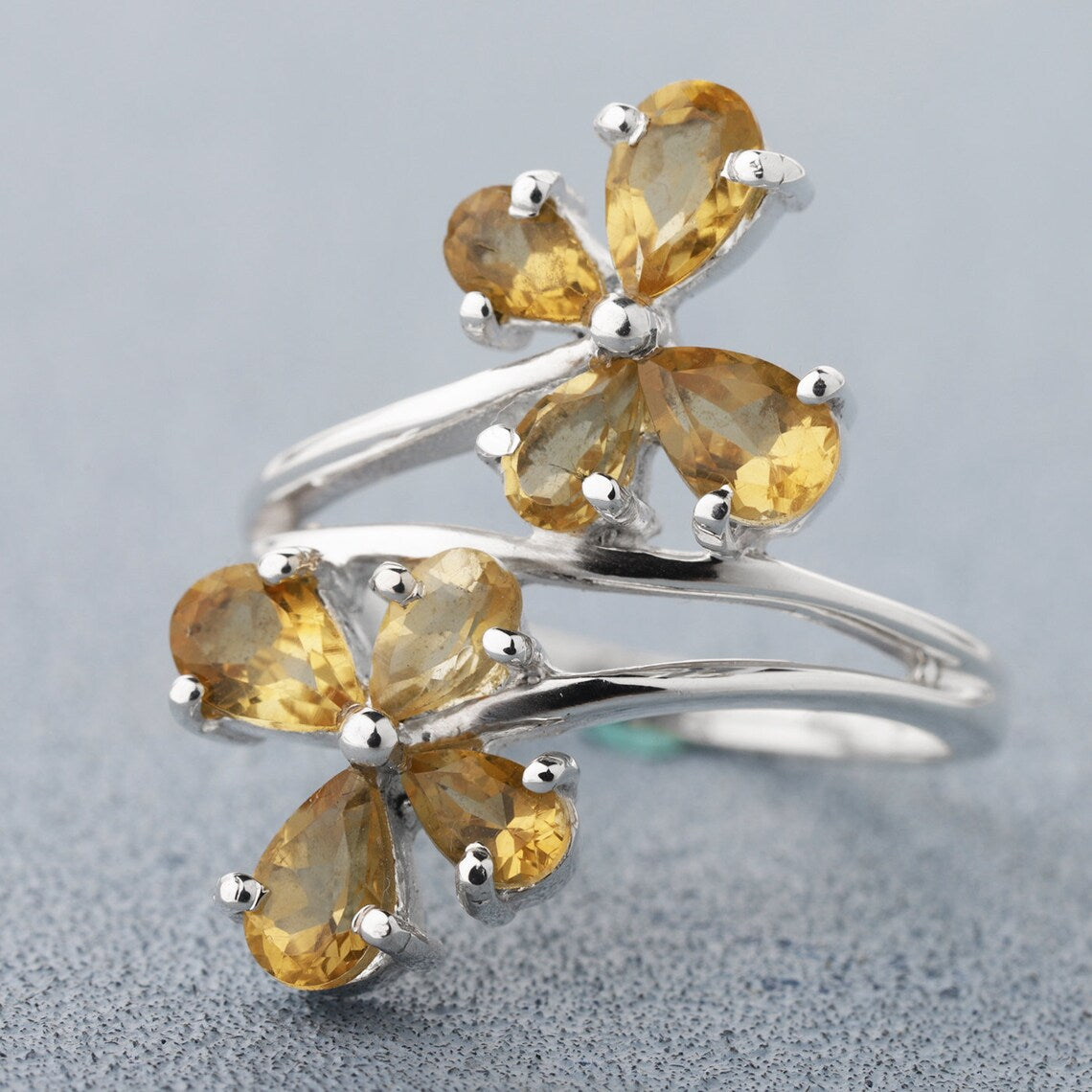 Flower Citrine Ring, 925 Citrine Pear Ring, Citrine Gemstone Ring, Multi Citrine Faceted Ring, Designer Citrine Ring