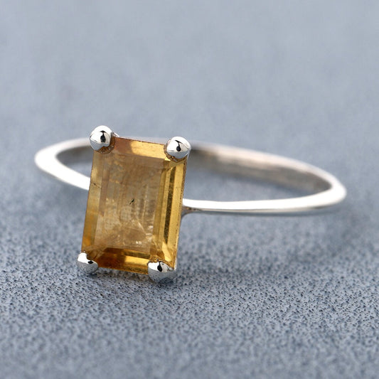 Natural Citrine Octagon Silver Ring, Golden Citrine Minimalist Ring