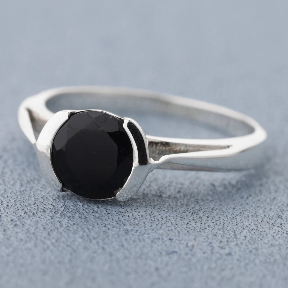 Round Black Onyx Stacking Ring in Sterling Silver, 7 mm, Small Black Onyx Ring, Black Onyx Silver Ring, Womens Jewelry