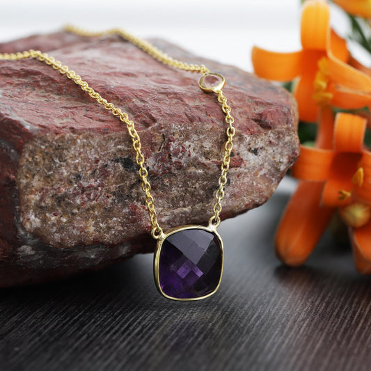 Sterling Silver Amethyst Necklace - Cushion Necklace -Amethyst Gemstone Necklace - February Birthstone Necklace