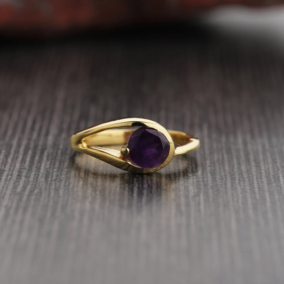 Purple Amethyst Ring - Round Amethyst Ring - 925 Sterling Silver Amethyst Gold Ring