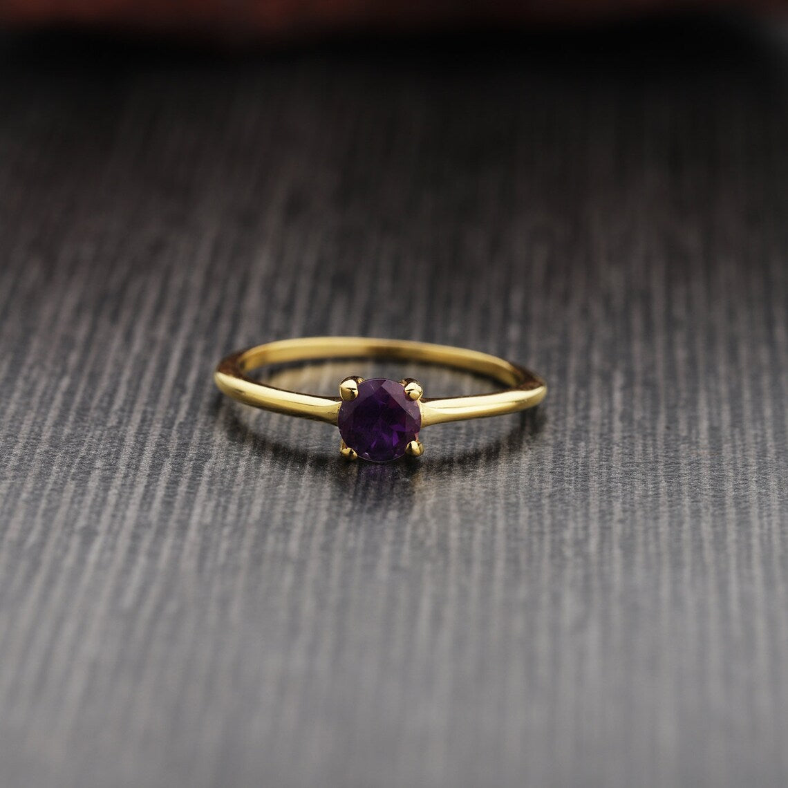 Natural Amethyst Gemstone Ring, Amethyst Silver Gold Ring, Round Amethyst Ring, Minimalist Amethyst Ring