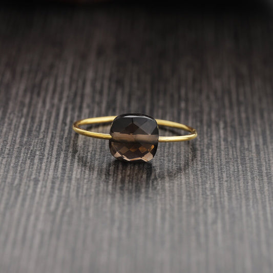 Smoky Quartz Cushion Ring, Brown Checkerboard, Faceted Gemstone, Birthstone, Smoky Quartz drill Ring Stacking Ring Birthstone