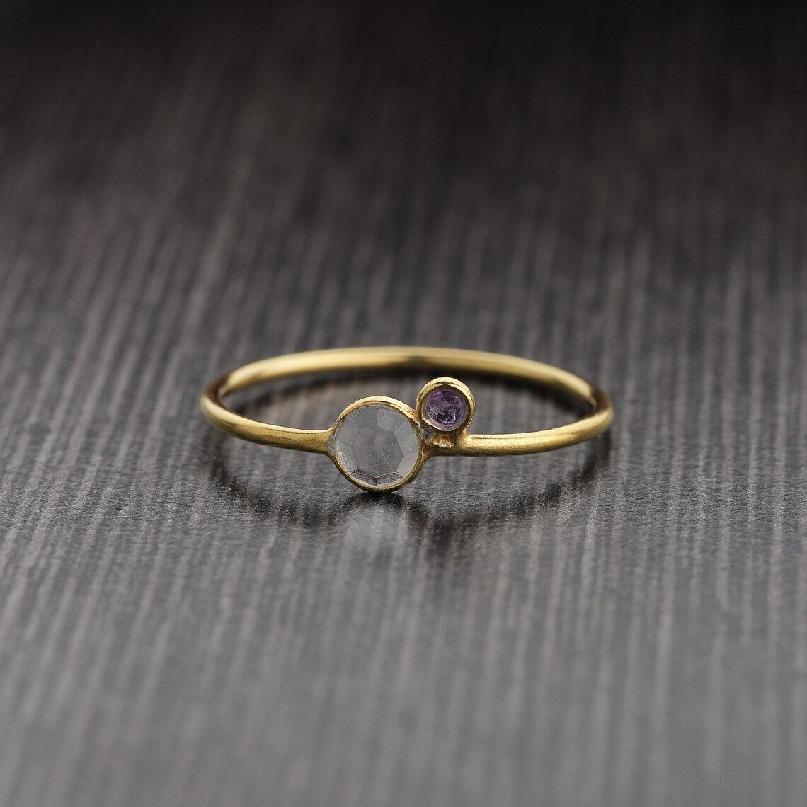 Crystal & Amethyst stack Ring Round amethyst stacking Ring -18k Gold Plated -Solid Silver Ring- Unique Ring Designer Ring -Women Ring