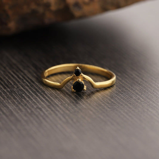 Tiny Black Onyx Gold Plated Ring, Minimalist Ring