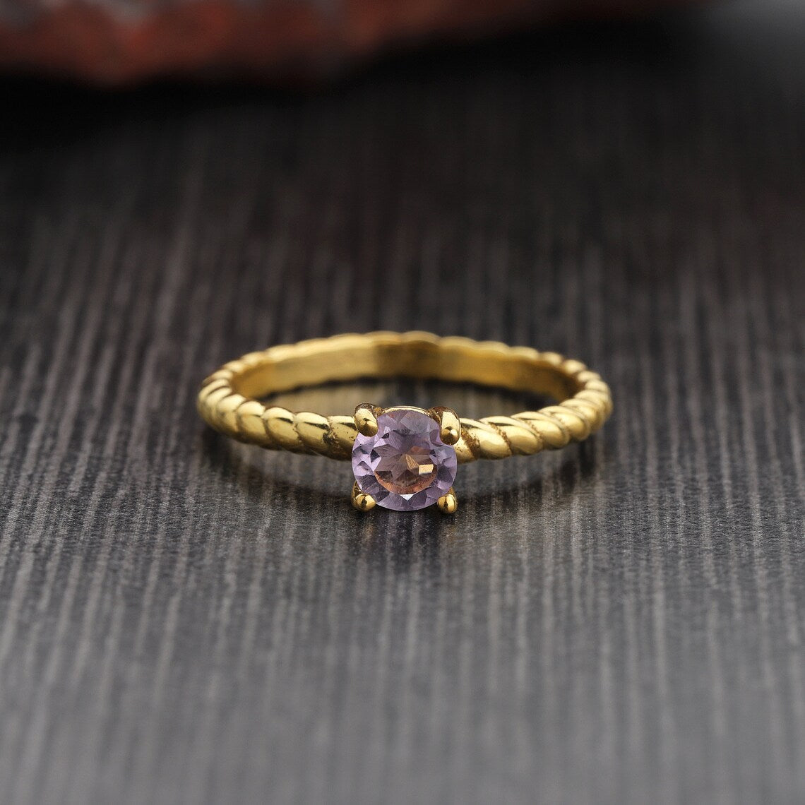Round Amethyst Ring, Amethyst Gold Ring, Round Cut Amethyst Ring,Twisted Band Ring Purple Amethyst gold Ring, Tiny Amethyst Ring