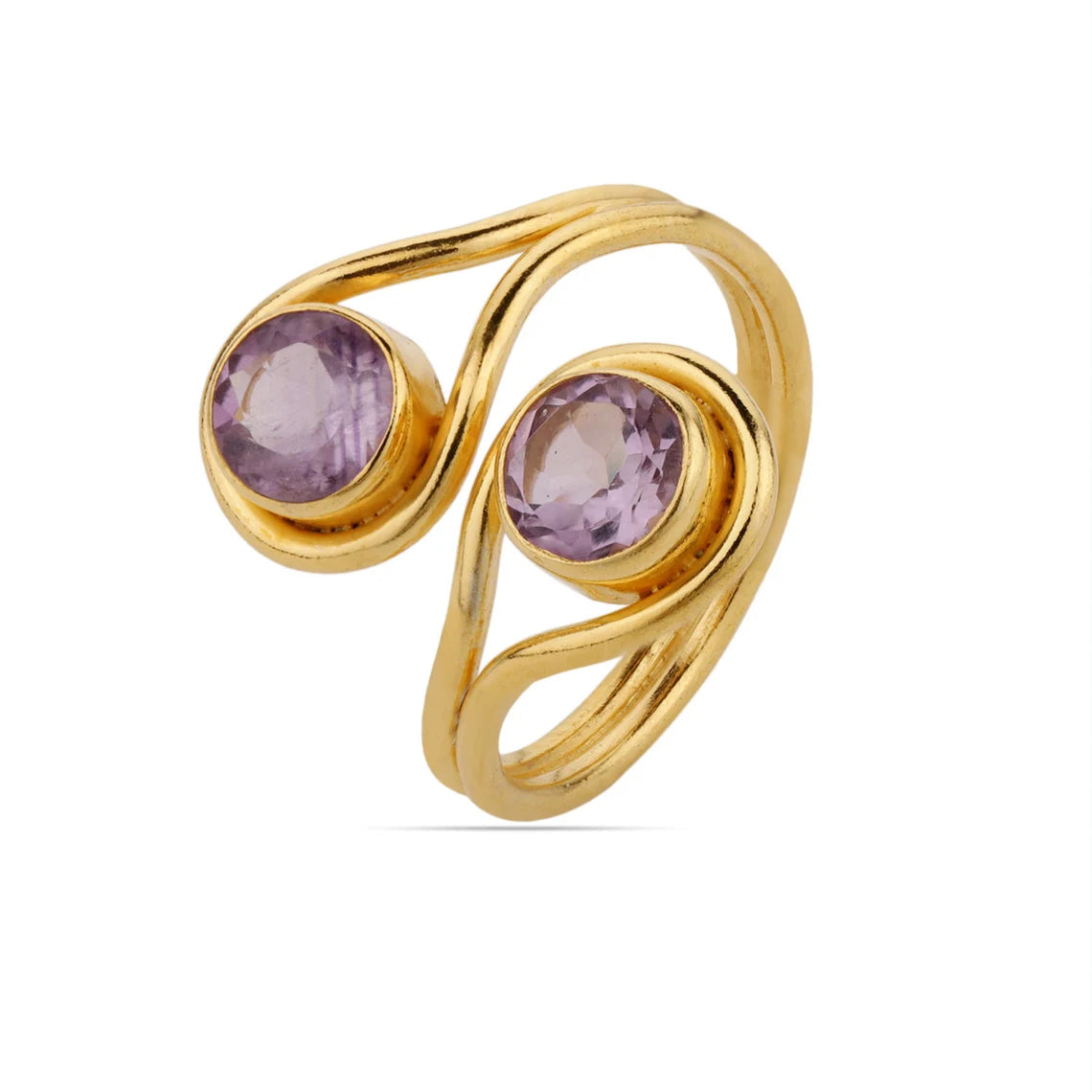 Gold Amethyst Ring - Adjustable Band Ring - Round Amethyst Two Gems Ring - Handmade Ring