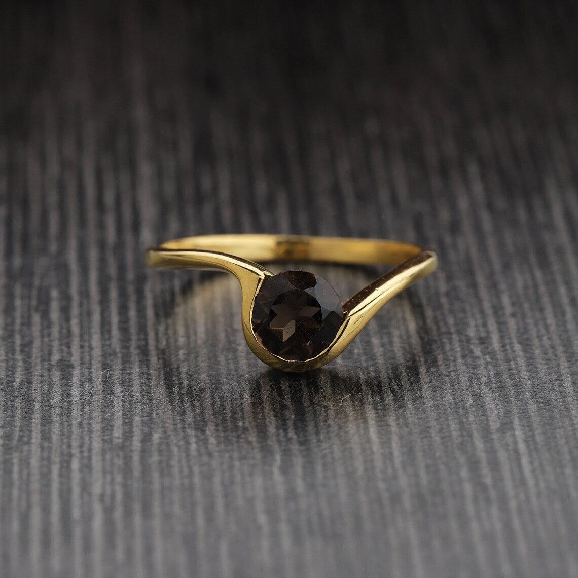 Smoky Quartz Ring - Gold Plated Ring - 5x5mm Round Cut Sterling Silver Smoky Ring - Handmade Indian Jewelry