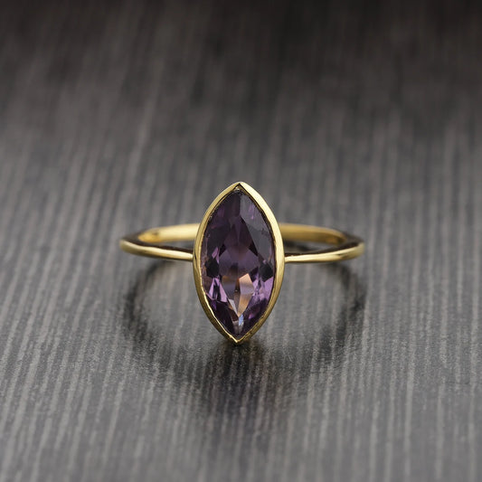 Marquise Amethyst Ring-Gold-Rich Purple, Estate-Set-Solitaire Style-Large Stone-February Birthstone-