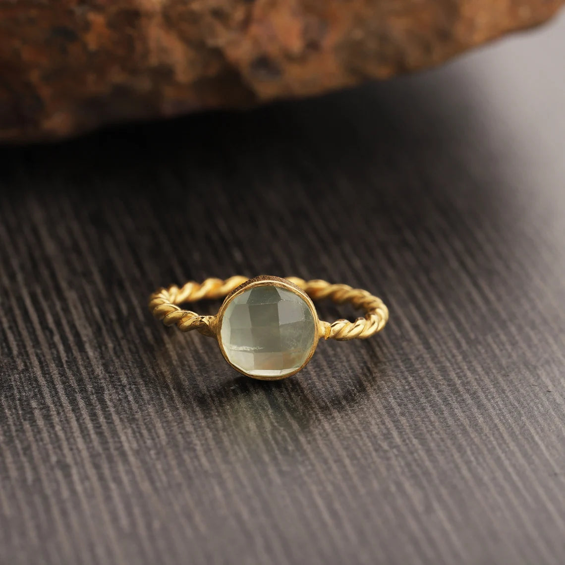 Natural Prehnite Gemstone Ring, Sterling Silver Yellow Gold Ring, Artisan Gift Ring, Stacking Ring ,Natural Prehnite Twisted Band Ring