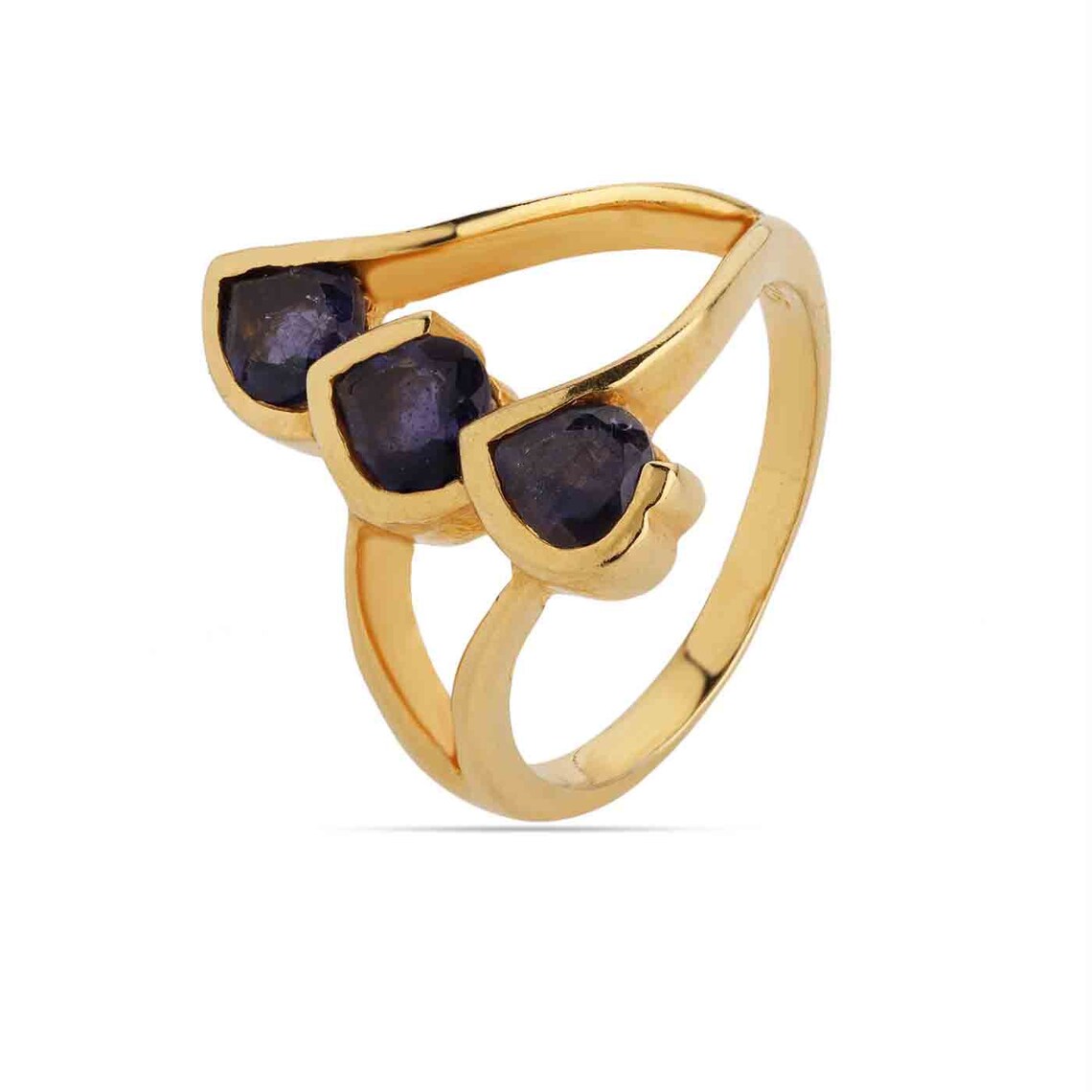 Natural iolite hearts Ring, gold plated iolite ring, Multi heart gold ring
