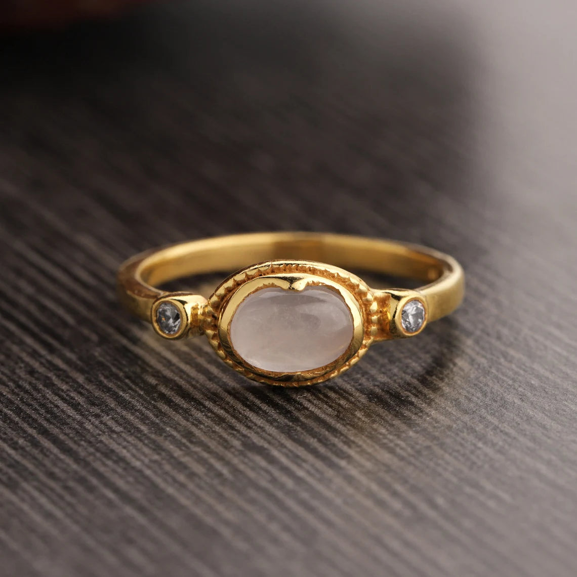 Rainbow Moonstone Ring | CZ Moonstone Ring | Dainty Moonstone Stacking Ring | June Birthstone Ring | Moonstone Oval Cabochon Ring