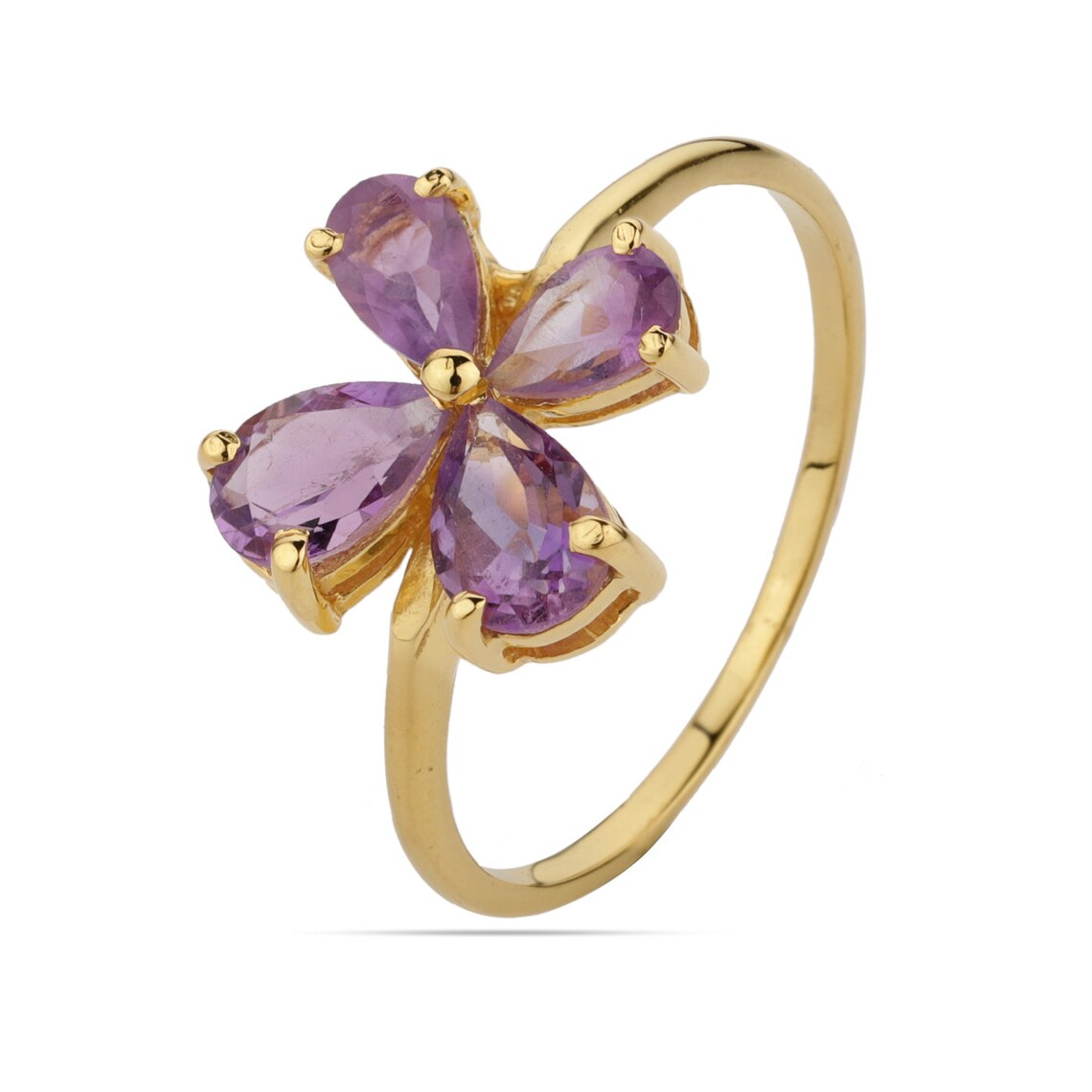 Amethyst Gold Plated Flower Ring, 925 Sterling Silver Ring