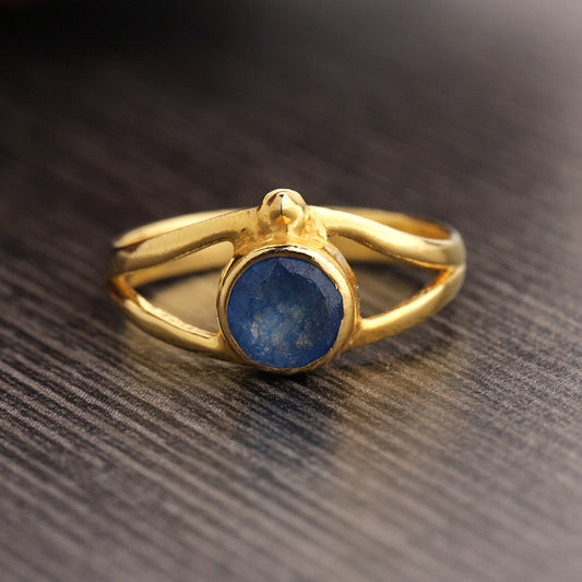 925 Sterling Silver Ring with Blue Gemstone and Gold Plating