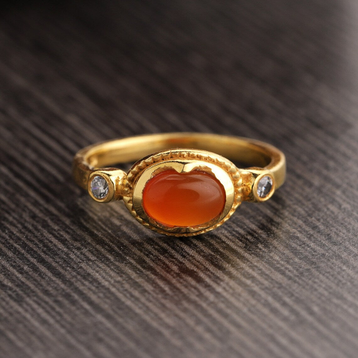 Natural Carnelian Ring, Silver Ring Gold Plated, Oval Gemstone Ring, CZ Ring, Handmade Ring, Statement Ring, August Birthstone Ring