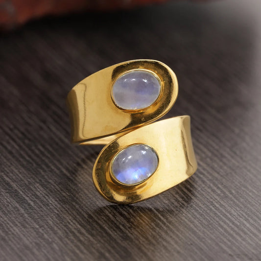 Rainbow Moonstone Ring - Open Ring - Gold Moonstone Ring - 925 Sterling Silver Moonstone Oval Ring - Band Ring