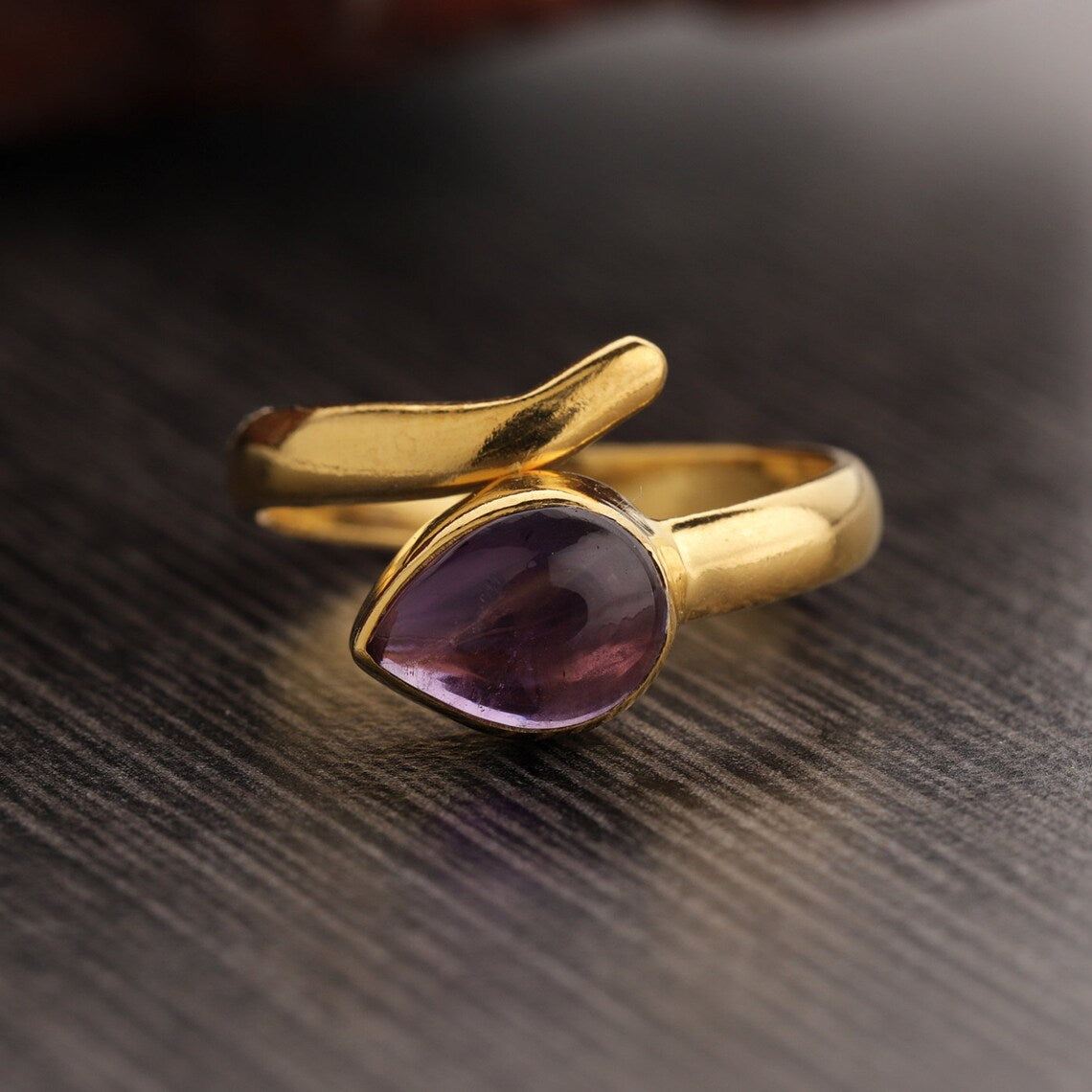 Adjustable Amethyst Gold Plated Pear Shape Ring - 925 Sterling Silver Ring
