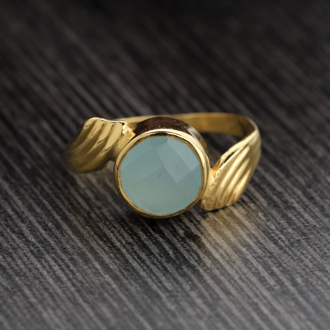 Everyday Ring - Blue Chalcedony Round Stone - 925 Sterling Silver Ring with Gold Plating