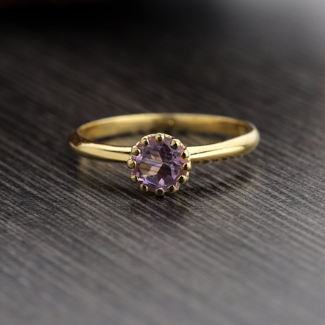 Natural Round Amethyst Minimalist Ring, Sterling Silver Amethyst Gemstone Stacking Ring