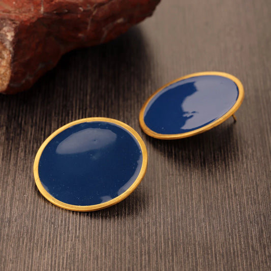 Blue Enamel Round Dangle Large Earring in 925 Sterling Silver with Gold Plating