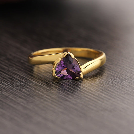 Natural Amethyst Trillion Ring - Amethyst Gemstone Ring - 925 Sterling Silver Gold Plated Amethyst Trillion Ring