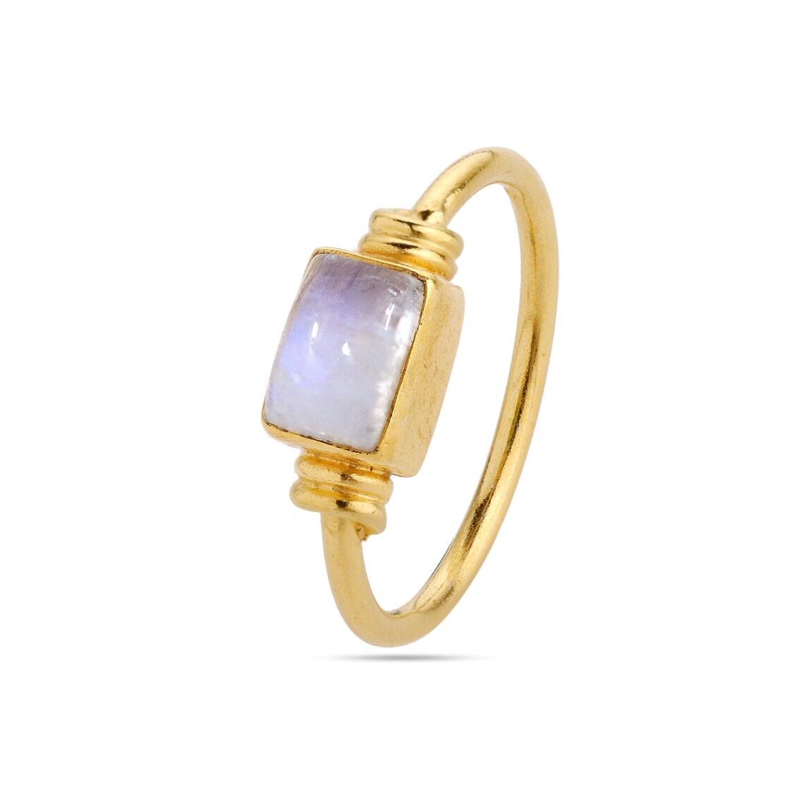 Natural Rainbow Moonstone Baguette Ring, June Birthstone Ring, Moonstone Gold Ring Boho Ring