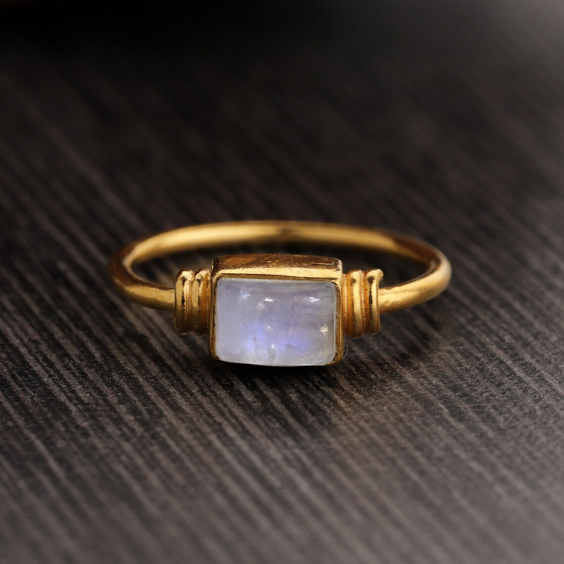 Natural Rainbow Moonstone Baguette Ring, June Birthstone Ring, Moonstone Gold Ring Boho Ring