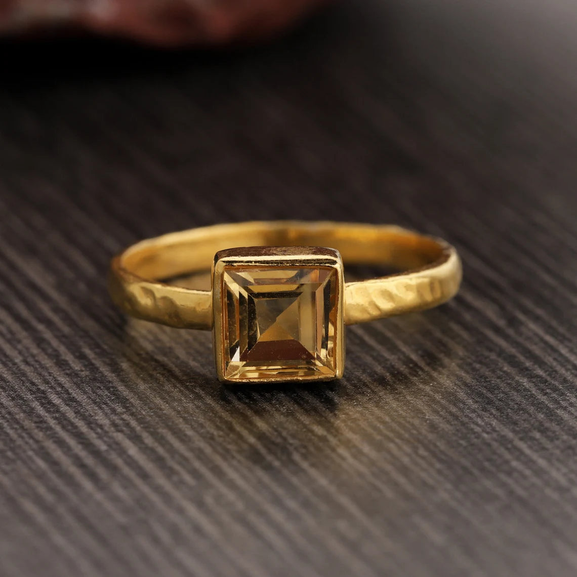 Natural Citrine Square Ring, Citrine Hammered Band Ring, Citrine Gemstone Ring