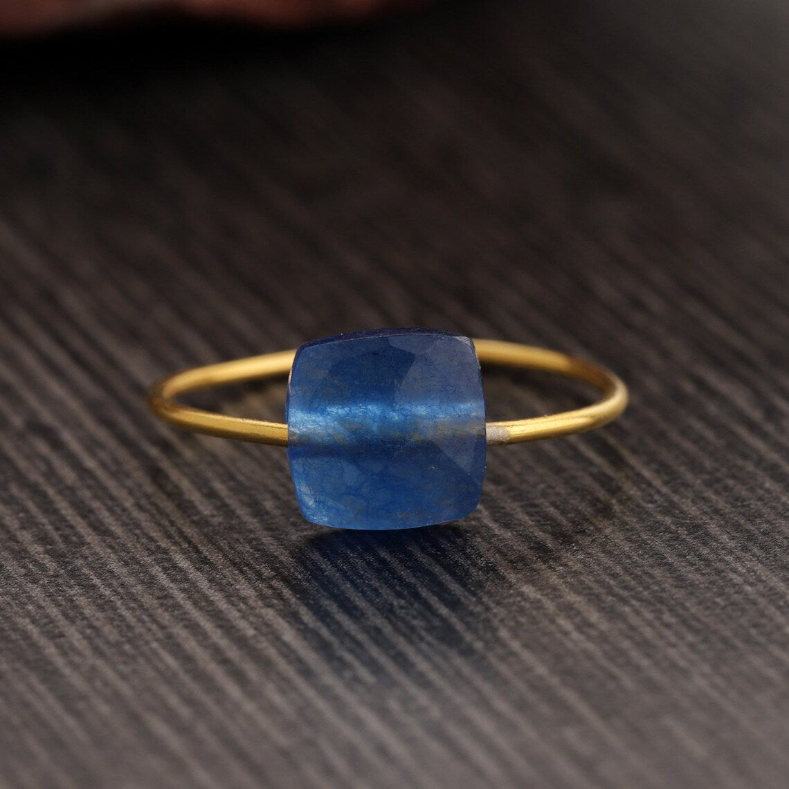 Sterling Silver Ring with Cushion Shape Blue Quartz Stone - Gold Plated