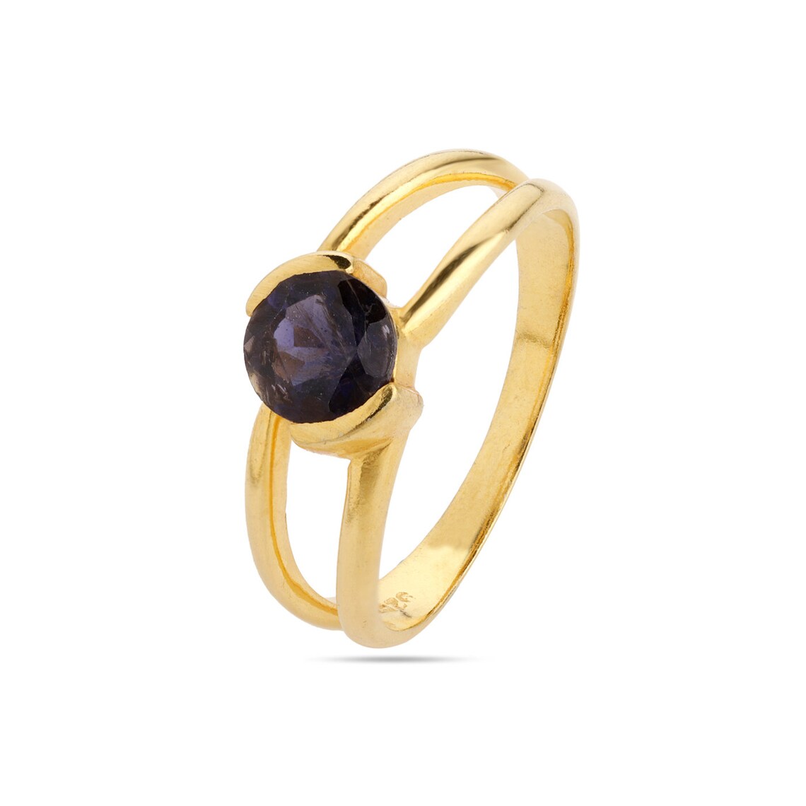 Round Iolite Gold Ring, Blue Iolite Gemstone Ring, Double Band Ring, 925 Sterling Silver Iolite Ring, Blue Iolite Ring