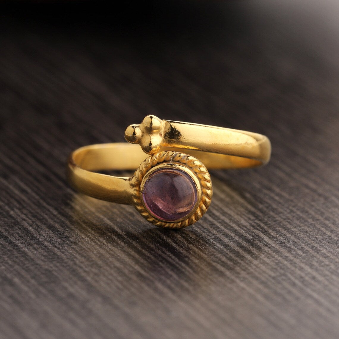 Adjustable Solid Sterling Silver - Gold Plated - Amethyst Ring