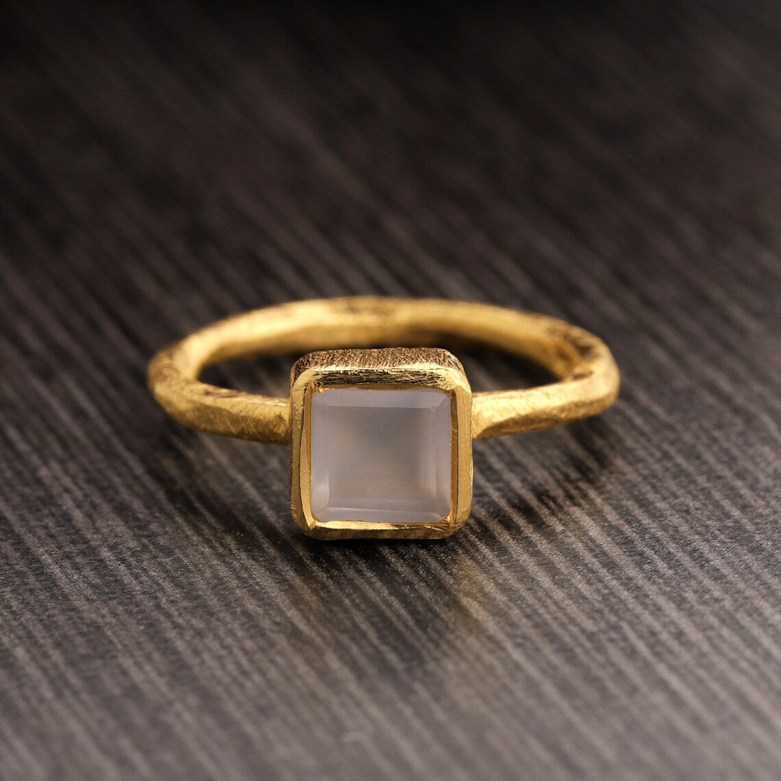 Chalcedony Ring-Gemstone Ring-Gold Ring-925 Sterling Silver-Scratched Finish Band Ring