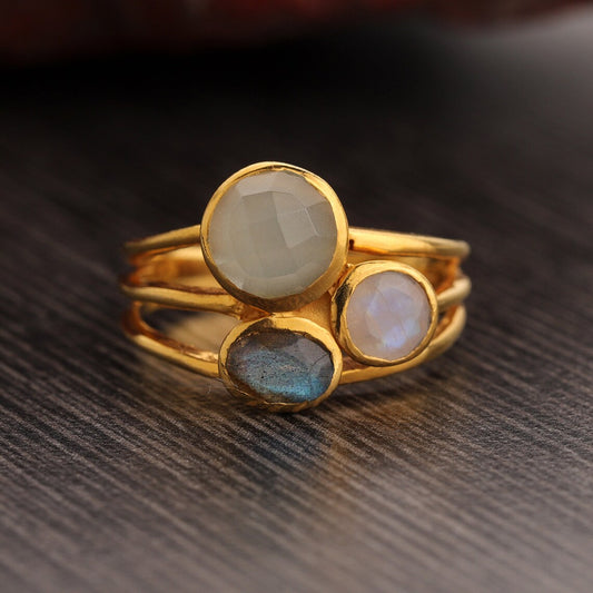 Labradorite Moonstone Chalcedony Ring, Cluster Ring, Multi Gemstone Gold Ring