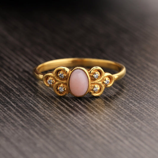 Natural Pink Opal Ring, October Birthstone, Pink Opal CZ Ring, New Mom Gift, 18k Gold Plated Ring, Oval Pink Opal Gemstone ring