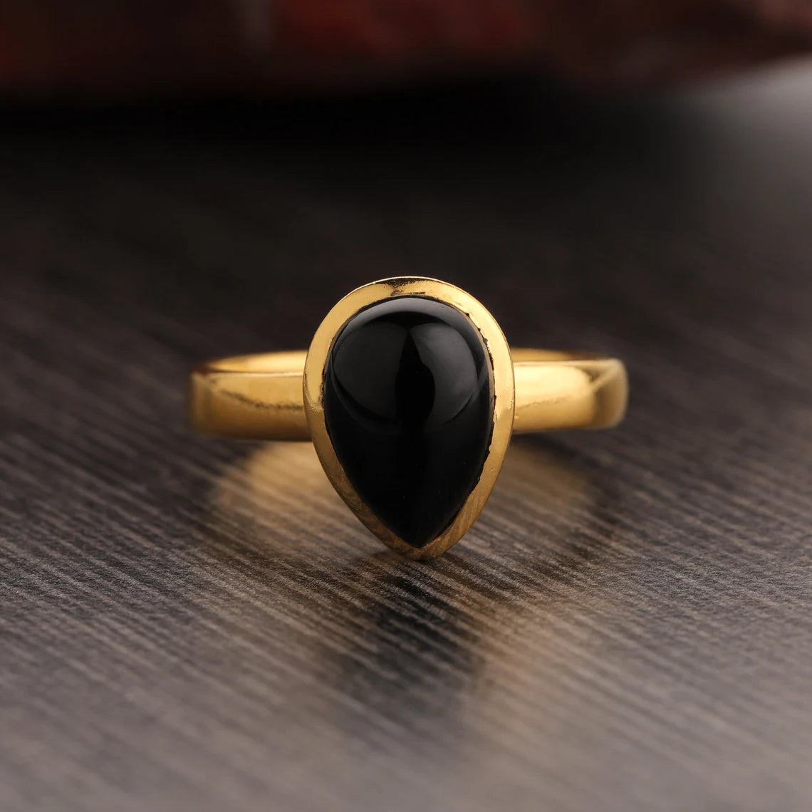 Black Onyx Pear Shape Gemstone Ring in Sterling Silver with Gold Plating