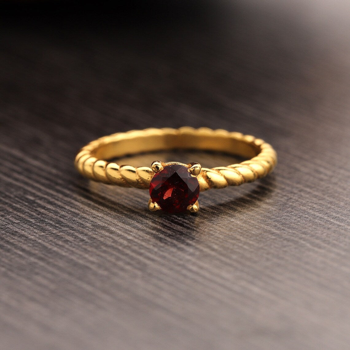 Natural garnet round gemstone ring, Prong set Garnet ring, garnet gemstone twisted band ring, Gold Plated garnet ring, minimalist ring