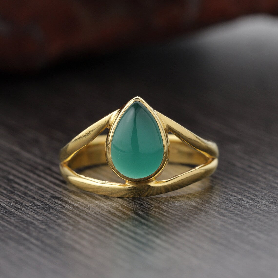 Green Onyx Ring Pear Gold Plated Ring