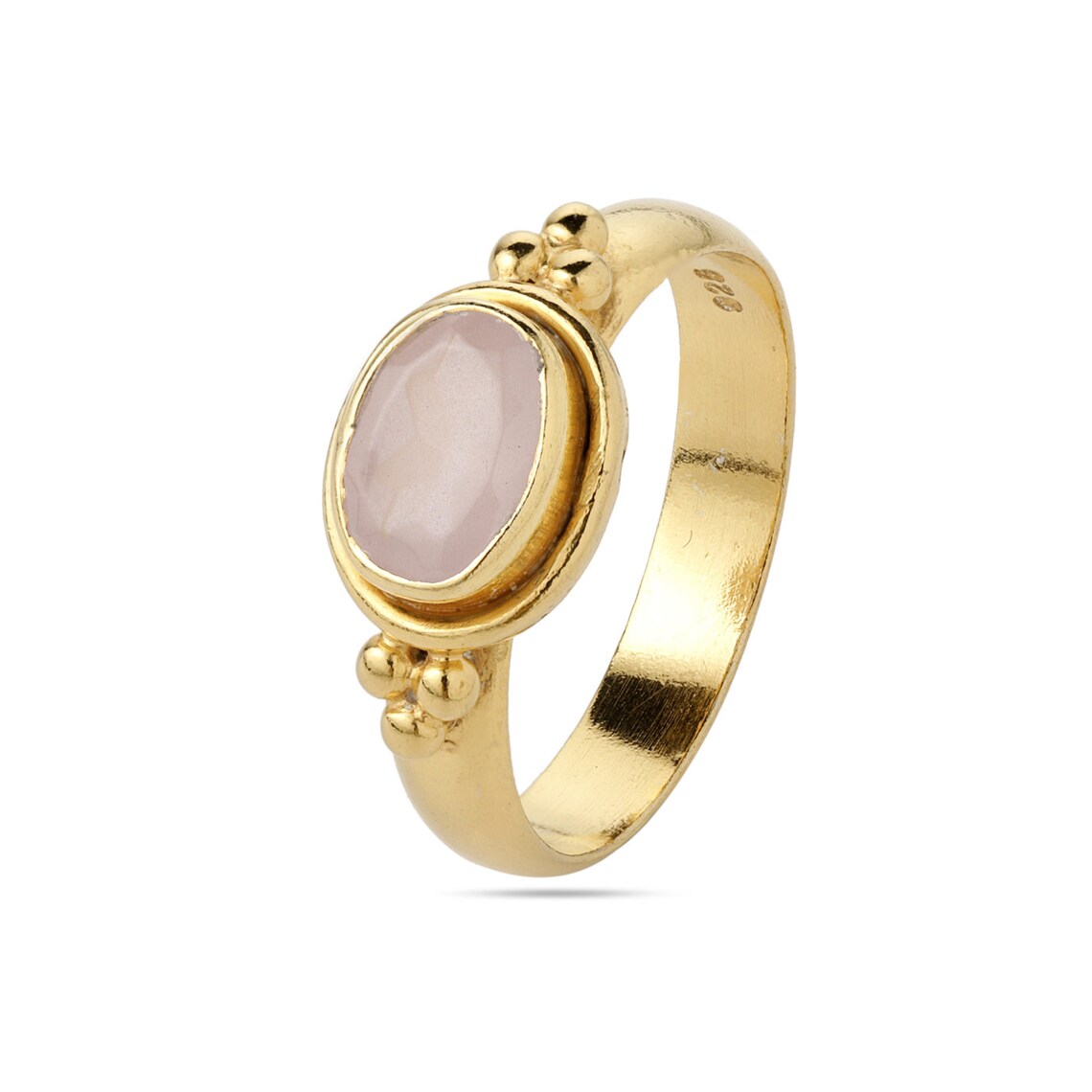 Pink Oval Chalcedony Ring 925 Sterling Silver gold pink chalcedony ring