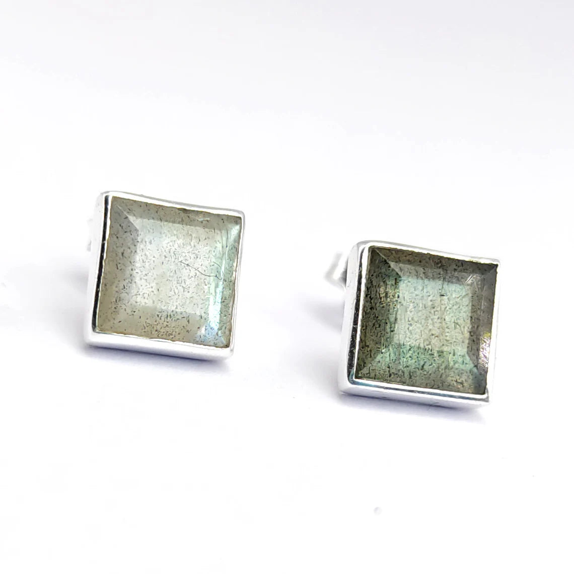 Sterling Silver and Genuine Labradorite Square Shaped Studs
