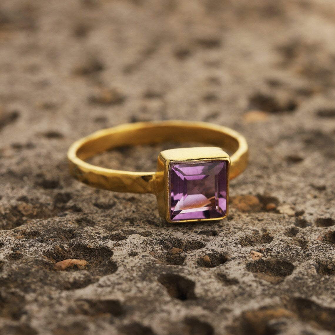 Amethyst Gold Plated Ring, hammed band ring