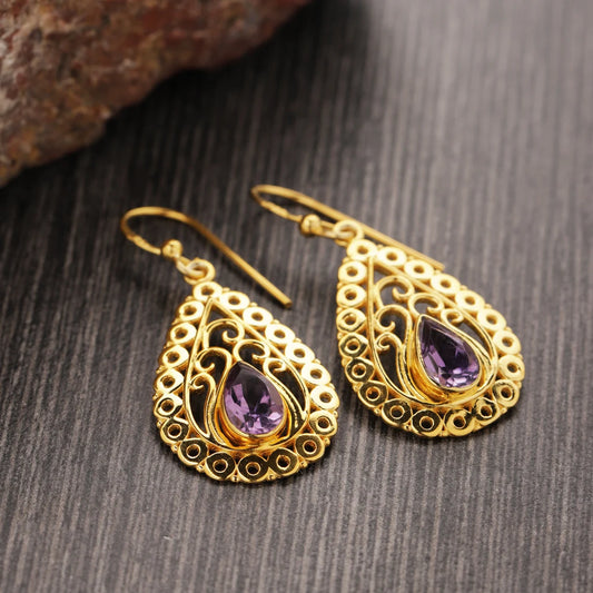 Natural Amethyst Gold Plated Silver Earrings, 925 Sterling Silver Amethyst Gemstone Dangle Earrings