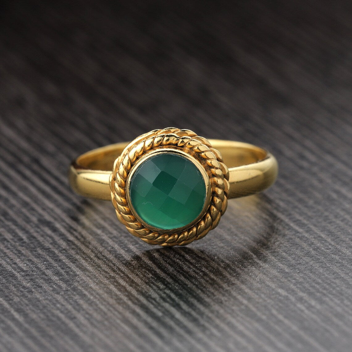 Green Onyx Ring - Green gold ring - Round Checker Cut Green Onyx Ring - Sterling Silver Green Onyx Ring