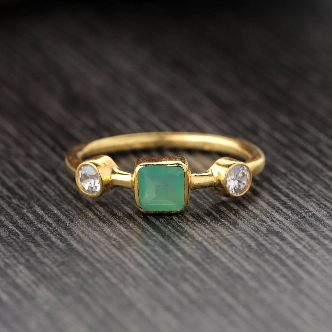 Chrysoprase Onyx Ring - Chryso Onyx Gold Ring - CZ Sterling Silver Ring - Chryso Onyx Stackable Ring, Stacking Ring, Fancy Ring
