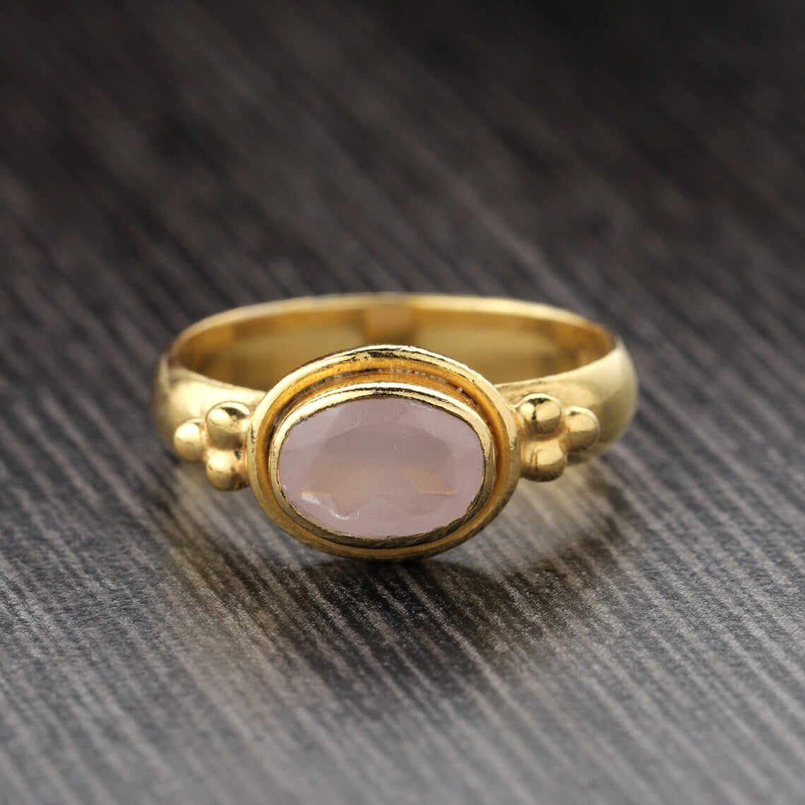 Pink Oval Chalcedony Ring 925 Sterling Silver gold pink chalcedony ring