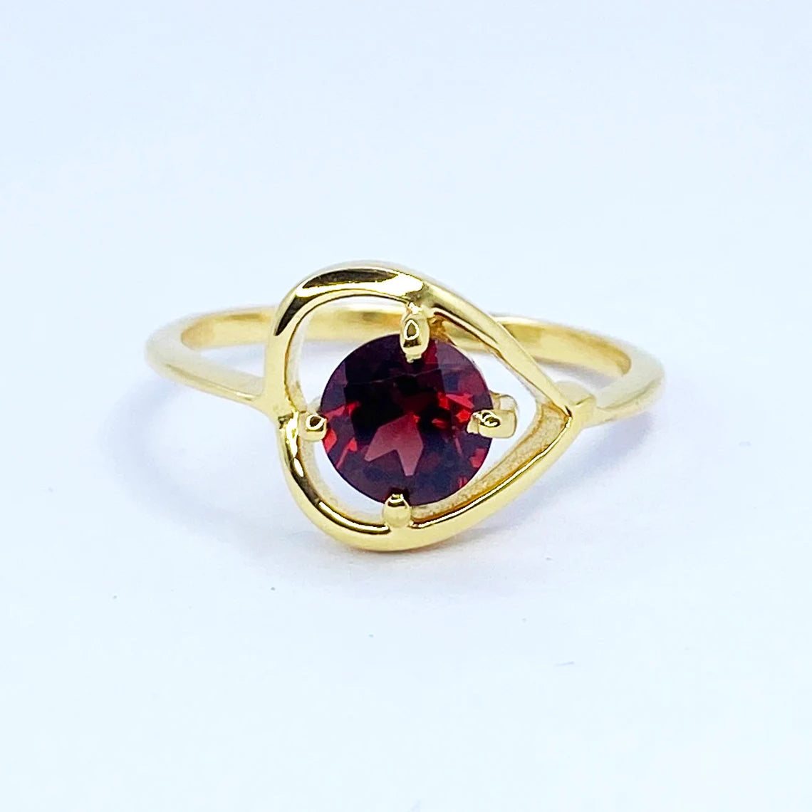 Gothic Round Garnet Ring, Silver And Gold Gemstone Ring, January Birthstone Jewelry For Her, Unusual Four Dots Stacking Ring