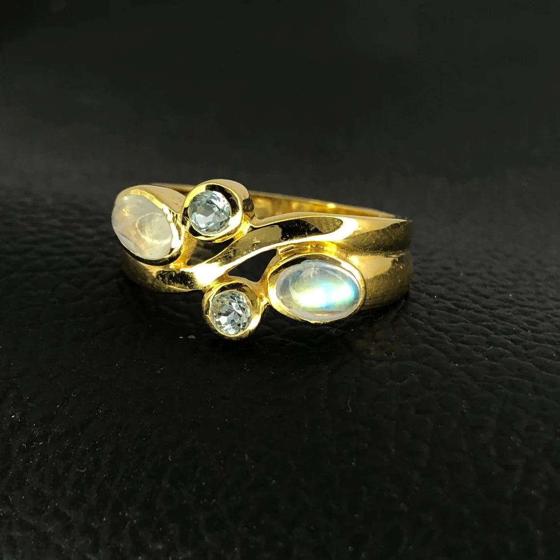 Rainbow Moonstone & Blue Topaz Gold Plated Ring, Multi Gemstone Gold Ring